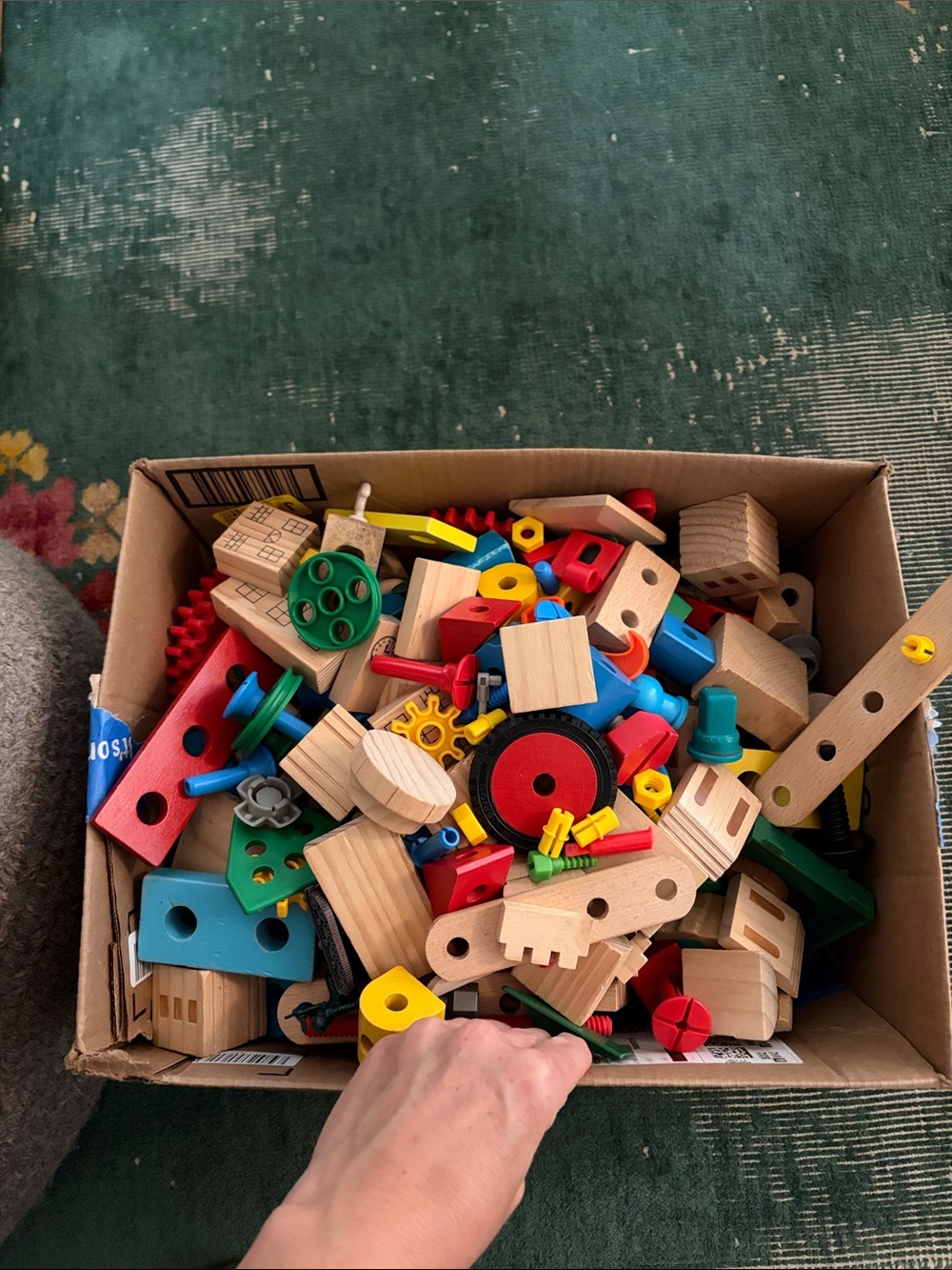 Box of Vintage Brio (?) Wooden Building Toy Set – Multicolor